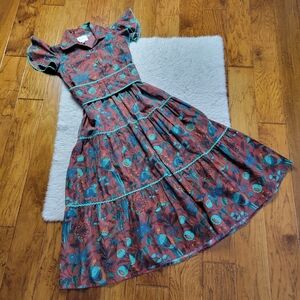 IslaPayal Boston Maxi Dress Women's XS Tiered Flutter Sleeve Birds Belted Cotton